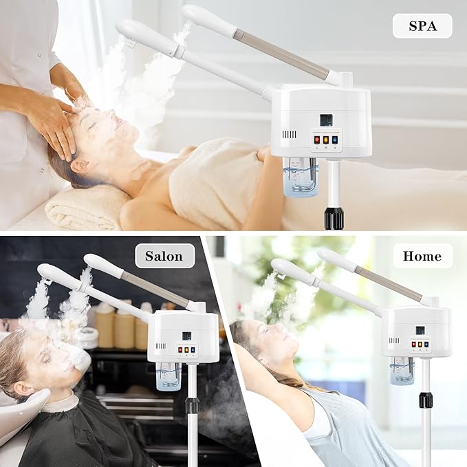 Facial Steamer, 2 in 1 Face Steamer with Cold & Hot Mist, Professional Facial Steamer with Timer Function, Stand Face Steamer Adjustable Height for Spa, Salon and at Home use
