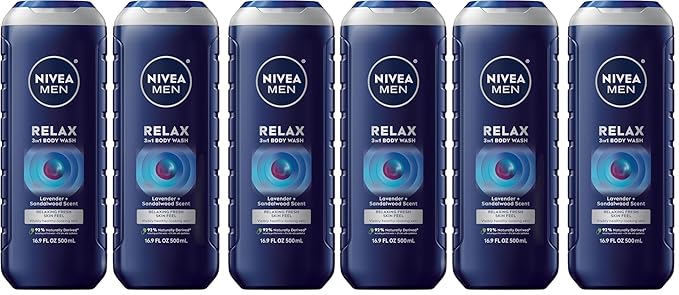 Nivea Men Relax 3-in-1 Body Wash, Lavender and Sandalwood Scented Men's Body Wash Cleanses Face, Body and Hair, 16.9 Fl Oz Bottle, Pack of 6