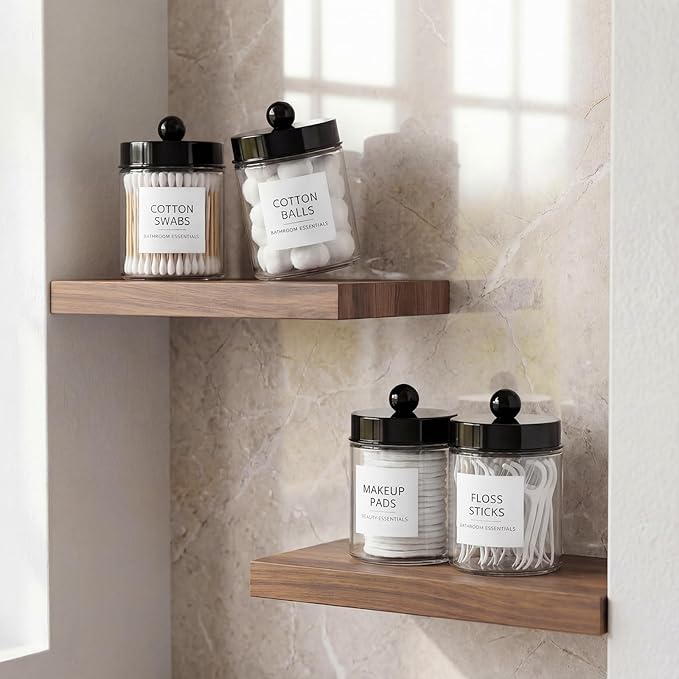 Amolliar 2 Pack Qtips Dispenser Holder - Bathroom Countertop Storage Organizer Containers - Glass Apothecary Jars with Black Plastic Lid for Q-tips Cotton Balls, Swabs, Round Pads, Floss
