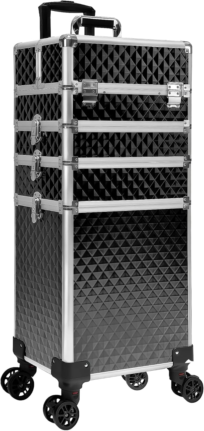 5 in 1 Rolling Makeup Train Case Professional Cosmetic Trolley Large Storage Organizer on Wheels for Hairstylist Artist Nail Beauty Salon Barber Black