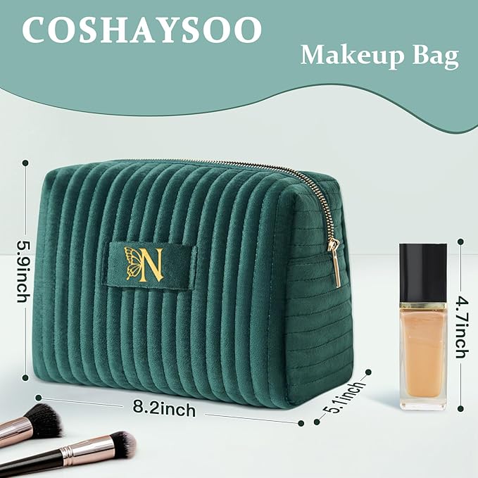 COSHAYSOO Travel Makeup Bag Quilted Make Up Pouch Initial Cosmetic Case with Butterfly Decorations for Women Birthday Easter Mothers Christmas Valentines Graduation Appreciation Gifts Green Letter N