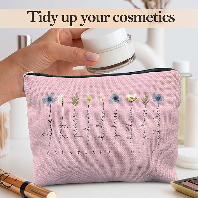 Christian Gifts Makeup Bag, Floral Christian Cosmetic Bags for Women, Galatians 5:22-23 Bible Verse Makeup Pouch, Faith Based Gifts Zipper Pouch(pink)