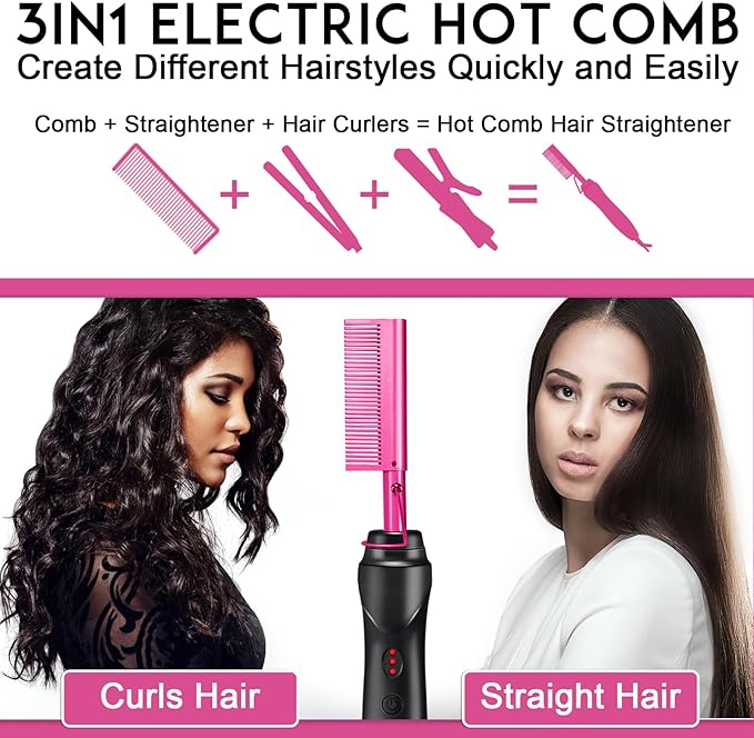 NICEMOVIC Ceramic Heating Hair Straightener Comb - Hot Pressing Brush for Natural Black Hair, Beard Wigs, and Curling (Pink)