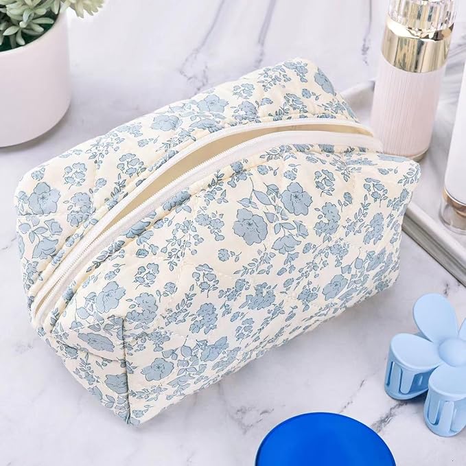 Puffy Coquette Floral Quilted Makeup Bag - Large Fashionable Travel Pouch, Cute Blue