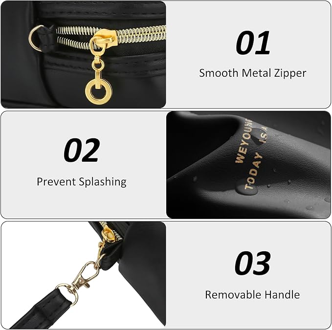 Small Makeup Bag Travel Cosmetic Bag Toiletry Zipper Pouch Make Up Organizer Bag with Handle Purse for Women Soft PU Leather Skincare Case (Black)