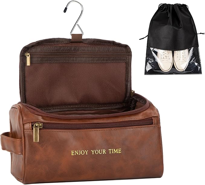Flycalf Mens Toiletry Travel Bag Customized Mens Leather Toiletries Grooming Bag for Men Shaving Bag Hanging Water Resistant Organizer (Brown- Enjoy Your Time)