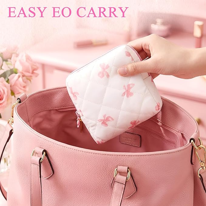 Paterr 4 Pcs Mini Quilted Floral Makeup Bag Women Gifts Small Cosmetic Bag Floral Quilted Makeup Pouch with Zipper Cute Travel Toiletry for Mom Teacher Women Girls Gifts(Coquette Bow, Flower)