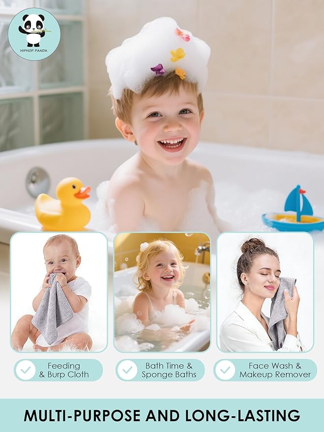 HIPHOP PANDA Baby Washcloths, Rayon Made from Bamboo - 2 Layer Ultra Soft Absorbent Newborn Bath Face Towel - Reusable Baby Wipes for Delicate Skin - Grey, 6 Pack