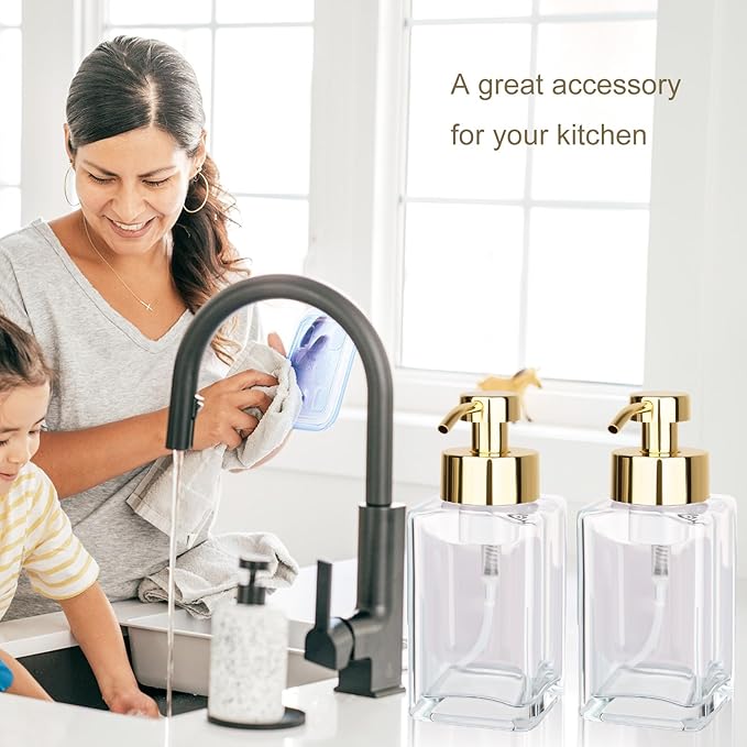 Foaming Soap Dispenser with Stainless Steel Pump, 12oz Refillable Glass Liquid Dish Soap Bottles for Bathroom, Kitchen Sink, Home Decor, 2 Pack