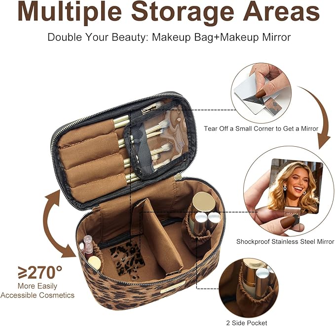 AmBealla Large Makeup Travel Bag Cosmetic Bags with Makeup Mirror and Brush Holder,Makeup Organizer Leopard Print for Women,Portable Toiletry Bag for Fashion Girls