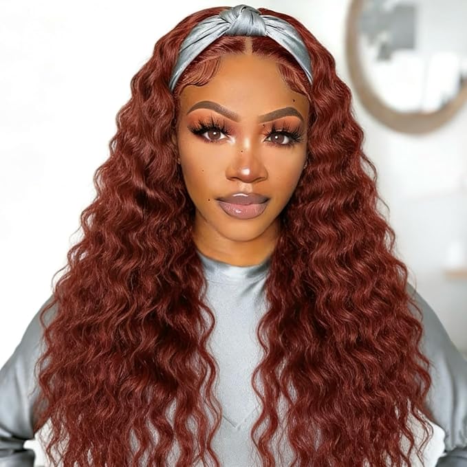 XSY Headband Wig Human Hair Red Reddish Brown 33# 16 Inch Deep Wave Headband Human Hair Wigs for Black Women Curly Headband Wig Glueless Machine Made Wigs 150% Density