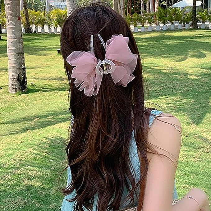 Elegant Mesh Tulle Hair Claws with Large Bowknot - Chiffon Hair Clips for Thick Hair and Women's Hair Accessories