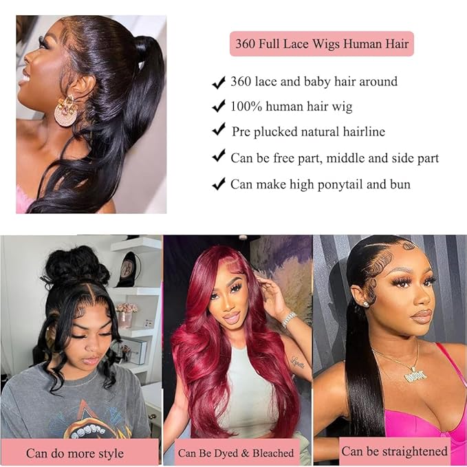 Body Wave 360 Lace Front Wigs Human Hair Pre Plucked Lace Frontal Wigs with Baby Hair for Black Women Natural Black (360 Lace Wigs, 12 Inch)