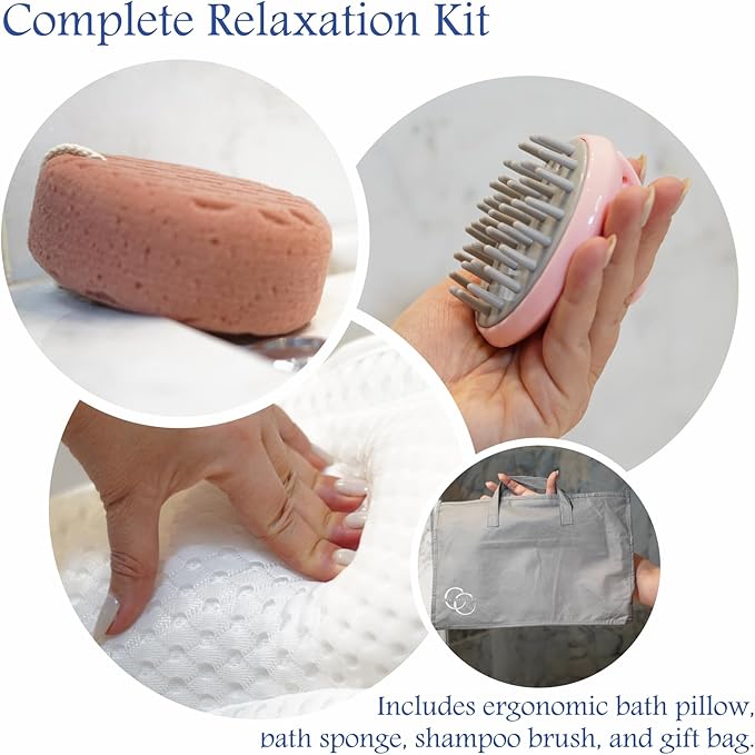 Bath Pillows for Tub Neck and Back Support Luxury Bathtub Pillow 4D Mesh Bath Pillow with Non-Slip Suction Cups Spa Bathtub Accessories Set with Bath Sponge & Scalp Massage Brush Relax Gifts for Women