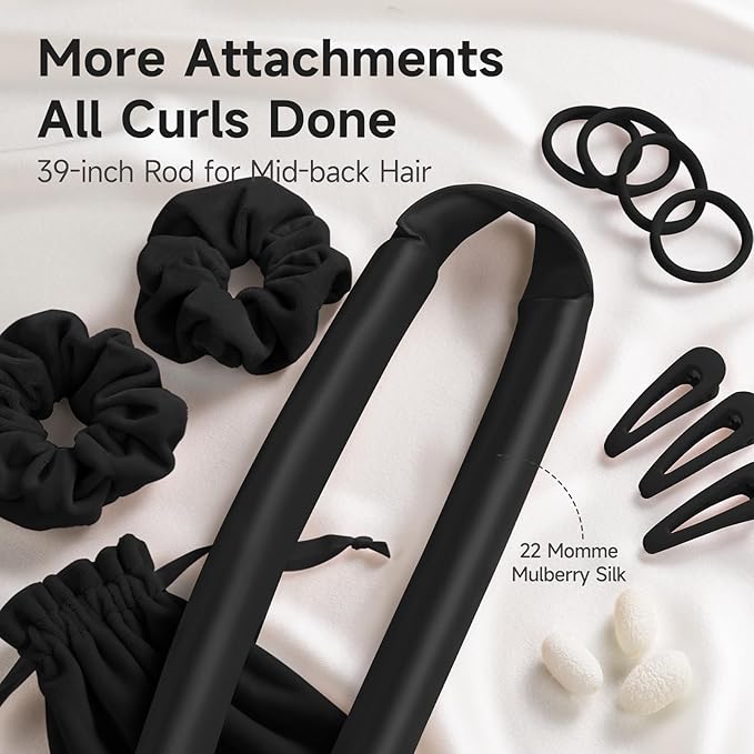 Umisleep 22 Momme Mulberry Silk Heatless Curls Overnight, Heatless Hair Curler to Sleep In, for Women Long Hair, Hair Care Roller Gift Set, Upgraded Soft with Clips & Scrunchies, Black