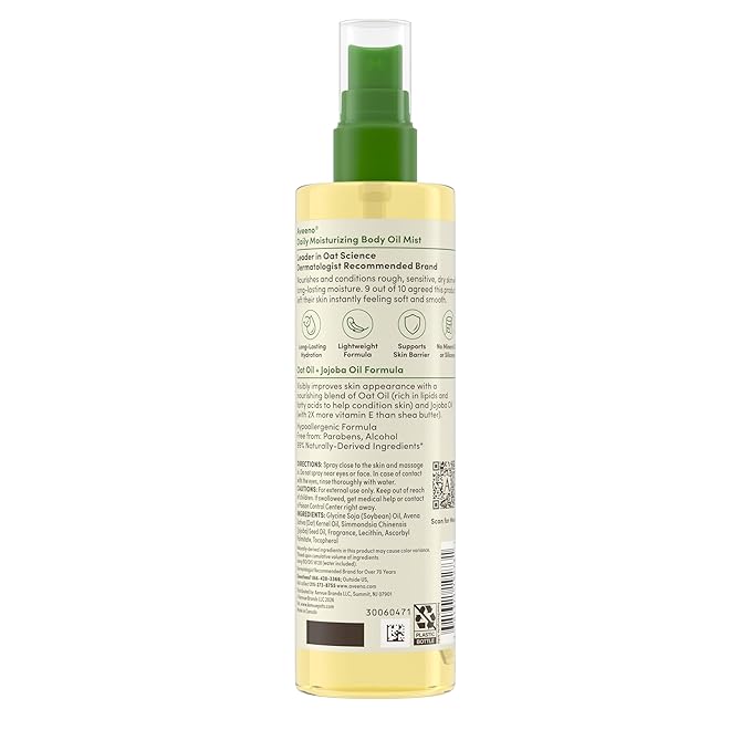 Aveeno Daily Moisturizing Dry Body Oil Mist with Oat & Jojoba Oil for Dry, Rough, Sensitive Skin, Lightweight, Non-Greasy, Body Spray, Paraben, Silicone & Phthalate-Free, 6.7 fl oz