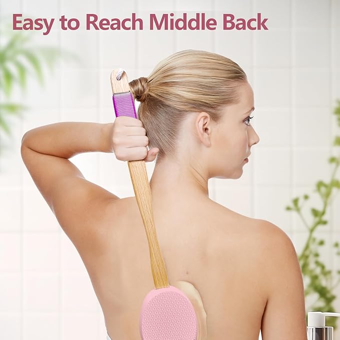 Lotion Applicator With 4 Replaceable Pads for Back, Self, Elderly, Women - Cream Medicine Applicator With 17" Curved Handle Easy to Target Back and Feet, Pink