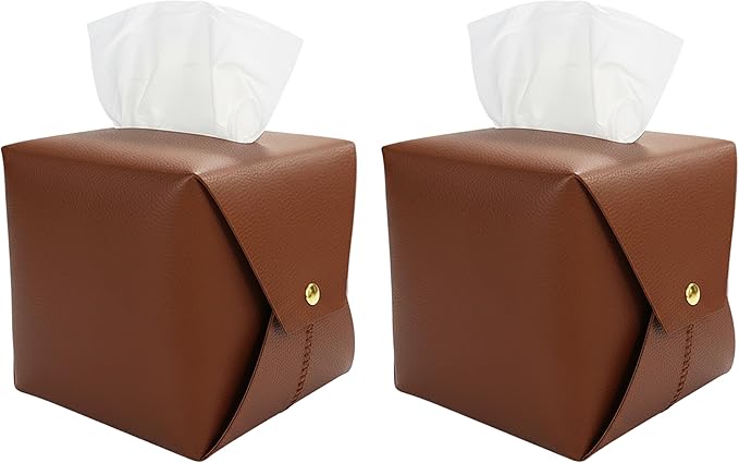 Tissue Box Cover Square, Leather Tissue Holder Organizer with Side Openings for Bathroom, Vanity, Tabletop, Office (2Pack-Brown)