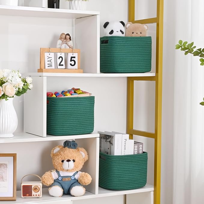 3 Pack Cube Storage Bin, 9”x9”x7” Cotton Rope Woven Baskets for Organizing Toys Clothes Towels, Square Gift Storage Baskets for Shelf, Nursery, Closet, Bathroom, Pantry (Green)