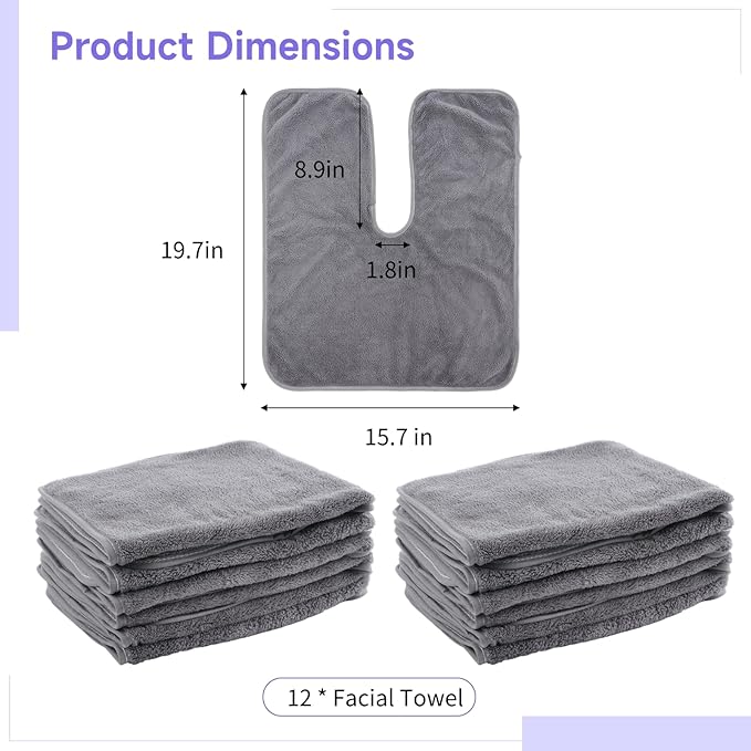 DIMEGON 12 PCS U-Shaped Facial Towels, Split Design, Soft Esthetician Towel, Coral Fleece Face Cloth for Beauty Salons, Skin Care, SPA Centers, Gray