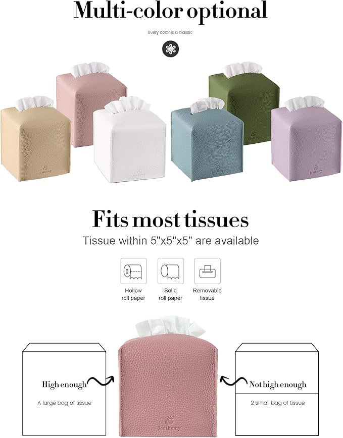 Tissue Box Cover, Jeethemy Square PU Leather Tissue Box Holder, Modern Tissue Case Facial Paper Organizer Dispenser，5X5X5'',Double Pink