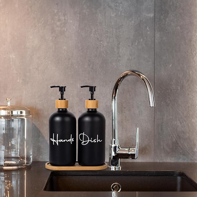 17 oz Hand Soap Dispenser Empty Glass Lotion Pump Bottles, Refillable Liquid Dish Soap Bottles for Bathroom, Kitchen Sink, Black, 2 Pack