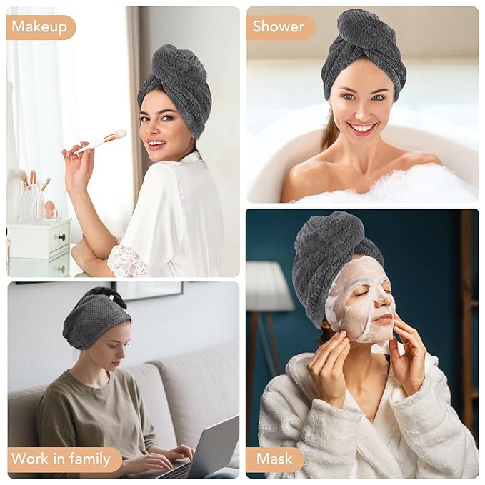 SINLAND Microfiber Hair Drying Cap Hair Towel Turban Twist for Women Fast Drying Towels Head Turban Absorbent Soft Lightweight 3 Pack Grey
