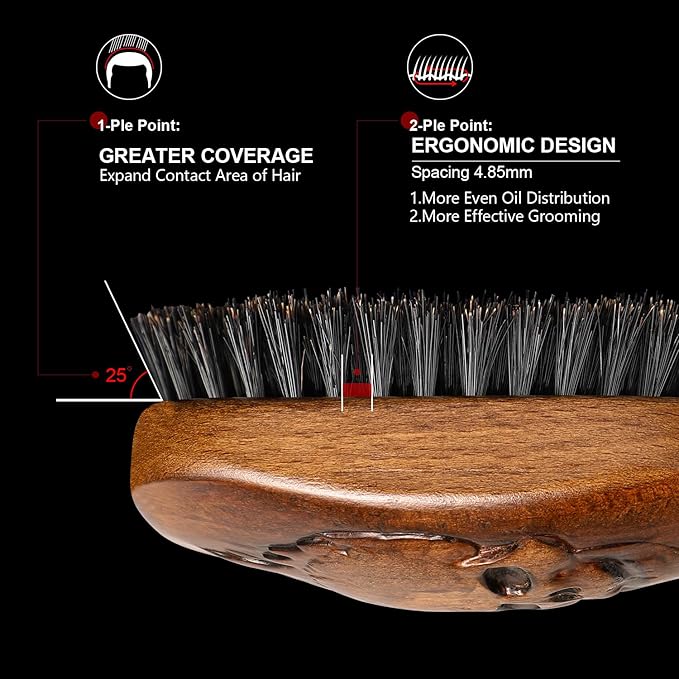 Eagle Fortress Boar Bristle Hair Brush for Men Hair Care - Beard Brush, Mustache Brush with Skull on Wooden Handle, Grooming & Styling Tool for Men, Standard Size