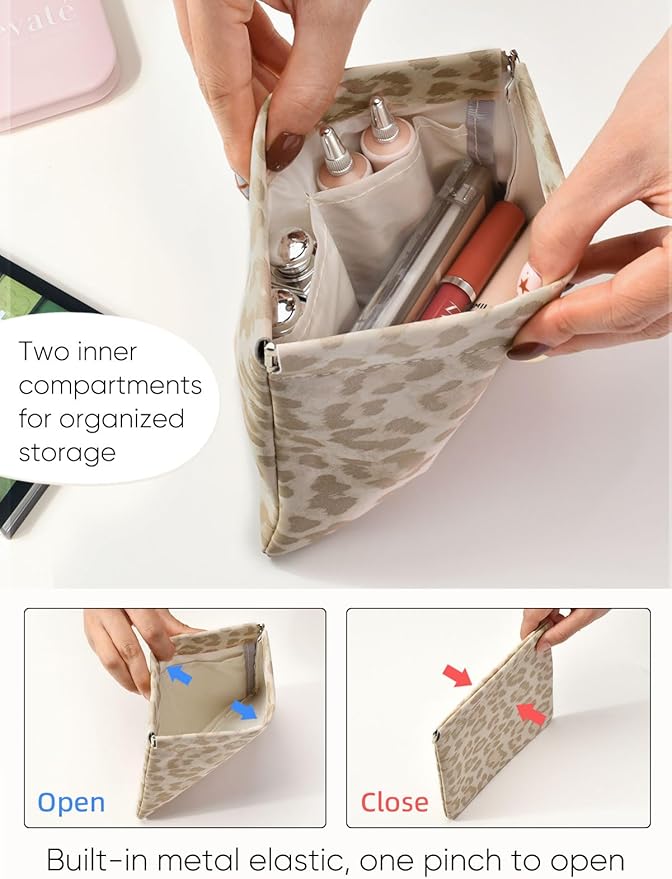 Leopard Leather Small Makeup Pouch for Women,Cosmetic Accessories,Waterproof and Portable Cosmetic Bag,Self-closing, No Zipper, Aesthetic Storage Pouch,Lipstick for Purse,Oyster Grey Brown