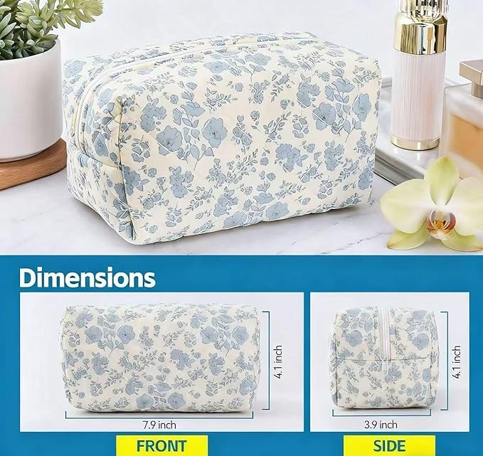 Puffy Coquette Floral Quilted Makeup Bag - Large Fashionable Travel Pouch, Cute Blue