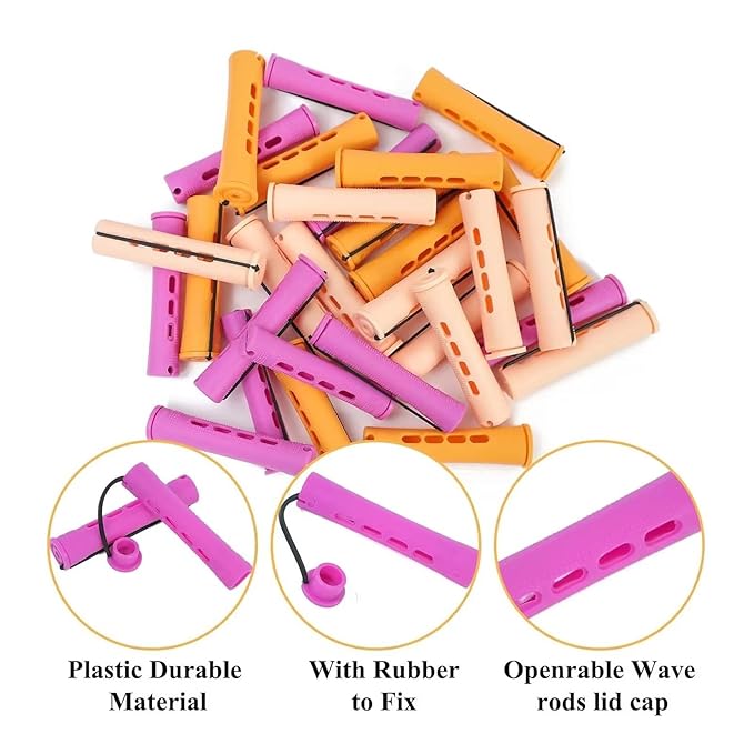 30Pcs Hair Perm Rods Set, 3 Sizes Plastic Hair Cold Wave Rods, Heatless Perming Rods Hair Curlers for Long Short Natural Hair DIY Hairdressing Styling Tools(Purple+Yellow+Orange)