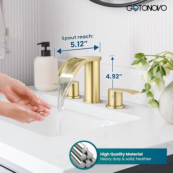 gotonovo Waterfall 8 inch Widespread Bathroom Faucet Set Bathroom Sink Faucet 3 Hole 2 Handle Vanity Lavatory Deck Mount with Pop Up Drain and Water Supply Lines Round Body Brushed Gold