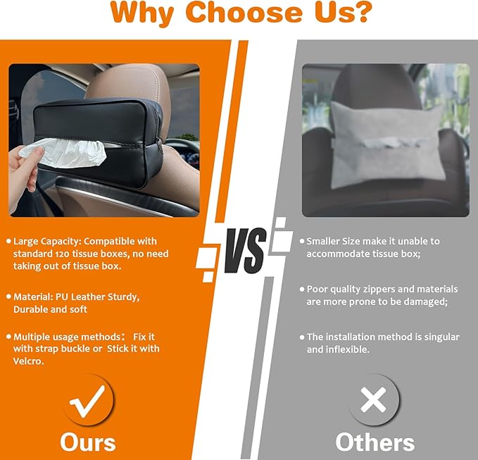 Large Car Tissue Holder for 120 Standard Tissues, Premium PU Leather Tissue Holder in Car Backseat Rectangular, Napkin Holder for Car Fits for Kleenex Tissues Box Daily Use Black