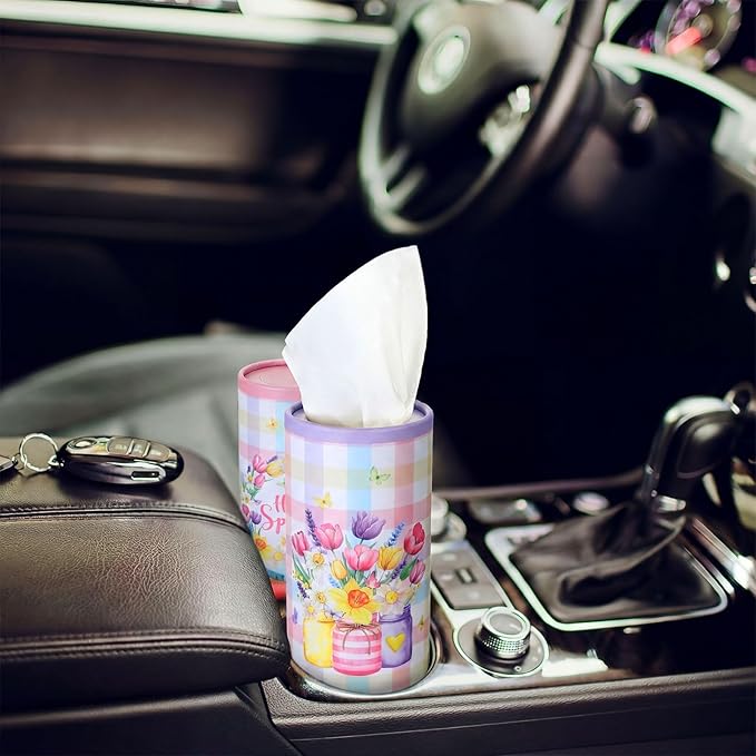 12 Pack Hello Spring Car Tissue Cylinder Holder Bulk with 3 Ply Facial Tissues Flower Round Napkin Holders for Cup Holder Cylinder Floral Mason Jar Travel Paper Tubes Bulk Napkin Boxes Packs