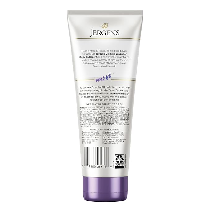 Jergens Lavender Body Butter Hand and Body Lotion, Moisturizer for Women, with Essential Oils for Indulgent Moisturization, 7 Oz
