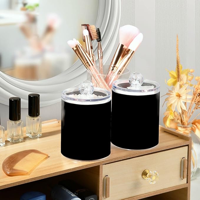 Black Qtip Holder Organizer Dispenser Cotton Swabs Cans Plastic Jars with Lid Set 2 Pack Bathroom Storage Canister for Cotton Ball Floss Cotton Pads