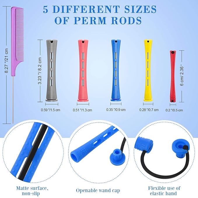 WILLBOND 60 Pieces Hair Perm Rods Set Plastic Cold Wave Perming Rods for Natural Hair Long Short Curling Rollers with Rat Tail Comb for Hairdressing(Bright Color,Assorted Size)