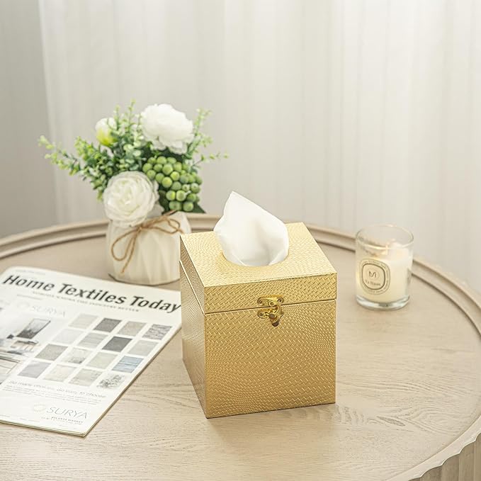 Gold Tissue Box Cover, Elegant Square Tissue Box Holder for Bathroom, Bedroom, and Office, Modern Decorative Tissue Box for Home Décor