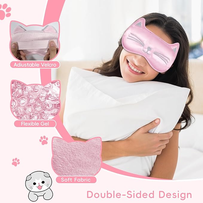 Cooling Eye Mask and Sleep Mask for Woman 2 Pcs, Cute Animal Cat Cartoon Pink Sleeping Mask Soft Cold Warm Compress Gifting for Dry Eyes Puff Eye Migraine Spa, Office, Morning Refreshment