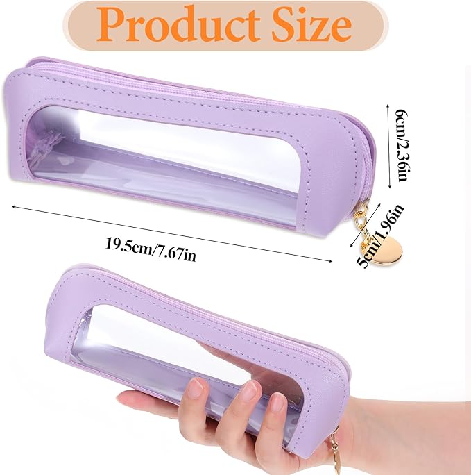 Clear Makeup Brush Bag, PU Leather Small Makeup Pouch Portable Travel Mini Cosmetic Bag Transparent Waterproof Organizer Pouch with Zipper for Women Home Travel Office Cosmetic Storage (Purple)