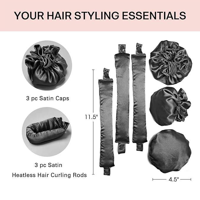 3Sets/6PCS Ariuvor New Satin Heatless Hair Curler,Hair Rollers for Heatless Curls with Hair Caps,Soft Heatless Curling Rod Headband for Long Hair,No Heat Curling to Sleep in Overnight(black)
