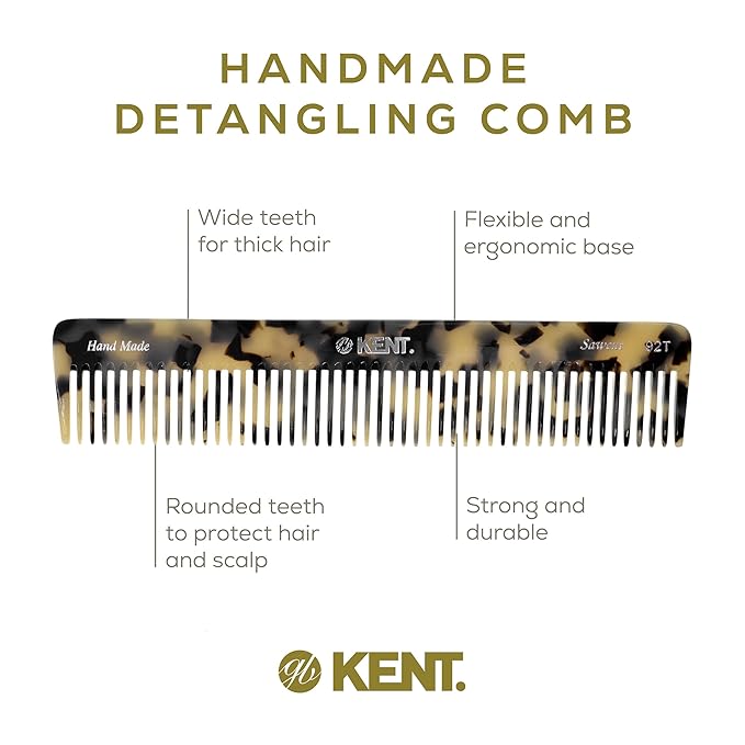 Kent 92T TW Wide Tooth - Detangler Comb for All Hair Types, for Men and Women, To Use in Wet or dry Hair, Styling and Detangling Comb, Handmade Sawcut and Polished