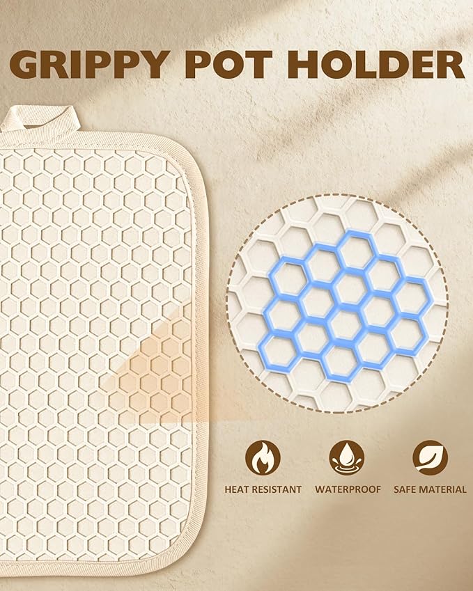 Slohif Silcone Flower Pot Holders for Kitchen - 100% Cotton Beige Oven Potholders with Pockets, Heat Resistant Square Thick Hot Pads, House New Home Baking Baker Gifts,2pack