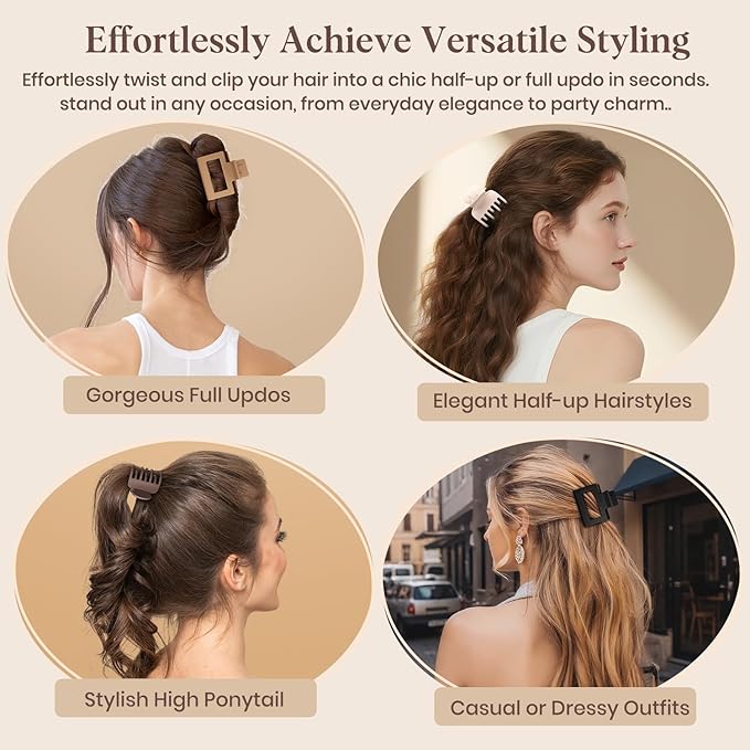 8 Pcs Medium Hair Clips for Women Girls - 2 Styles Rectangle and Double Row Teeth Small Claw Clips for Thin Fine Thick Hair, Matte Non-slip Strong Hold Jaw Clips Hair Accessories, Brown