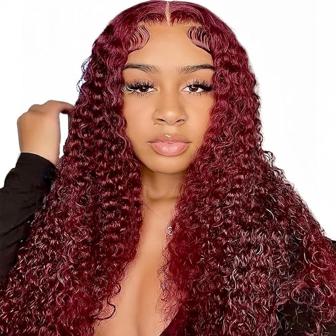 Pre Plucked Pre Cut 5X5 HD Lace Closure Human Hair 99j Burgundy Deep Wave Lace Front Wigs Glueless Wigs Human HairCurly 180% Density Lace Front Wigs for Black Women 16 Inch