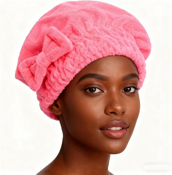 HOPESHINE Microfiber Hair Towel Cap for Women Wet Short or Long Curly Hair Super Absorbent Quick Dry Turbans Anti Frizz Great Gift for Women and Girls (Black+Rose red, 2)