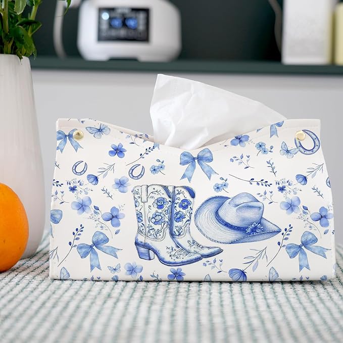 Blue Western Cowgirl Tissue Box Cover Rectangle,Blue and White Floral Toilet Paper Box Holder,Leather Decorative Facial Paper Case for Living Room Bathroom Kitchen Office Desk,9.8x5.9x5.9In