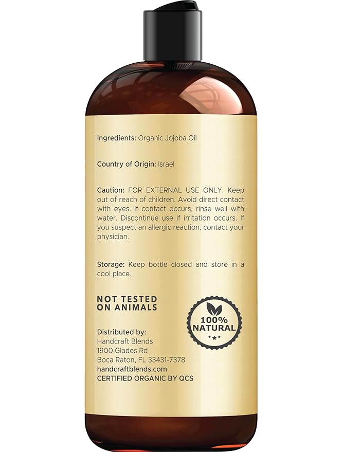 Handcraft Blends USDA Organic Jojoba Oil | Cold-Pressed | 16 Fl Oz | 100% Pure & Natural | for Hair, Skin & Face | Premium Grade Carrier Oil | for Massage & Aromatherapy | Hexane-Free