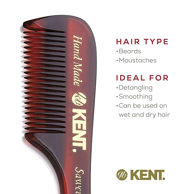 Kent 83T Small Gentleman's Beard and Mustache Pocket Comb, Fine Toothed Pocket Size for Facial Hair Grooming and Styling. Saw-cut of Quality Cellulose Acetate, Hand Polished. Hand-Made in England