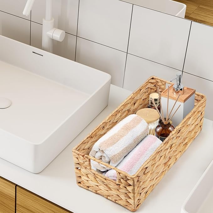 LotFancy Bathroom Basket, 2 Pack Water Hyacinth Toilet Paper Basket, Hand Woven Back of Toilet Organizer for Toilet Tank Top Countertop, Wicker Baskets for Shelves